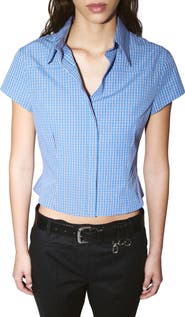 MANGO Starring Hailey Bieber Gigi Check Print Crop Cotton Shirt