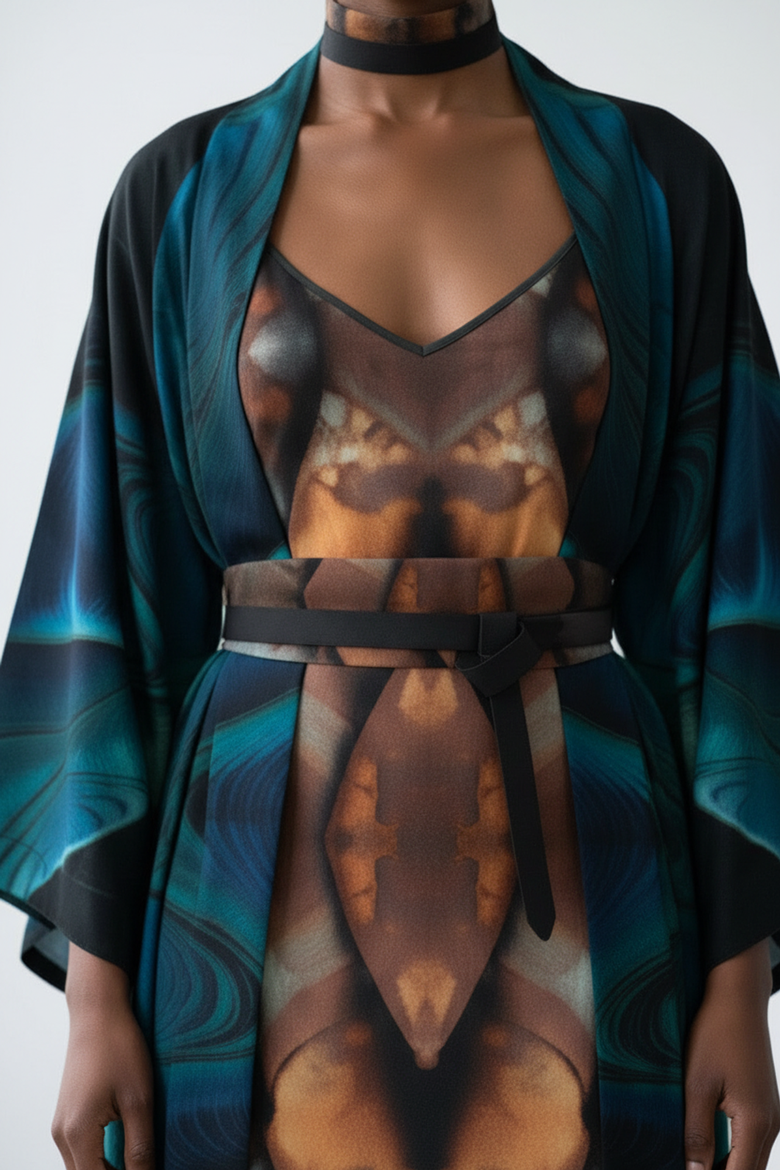 Reflection's Silk Robe, Alternate, color, Black/teal