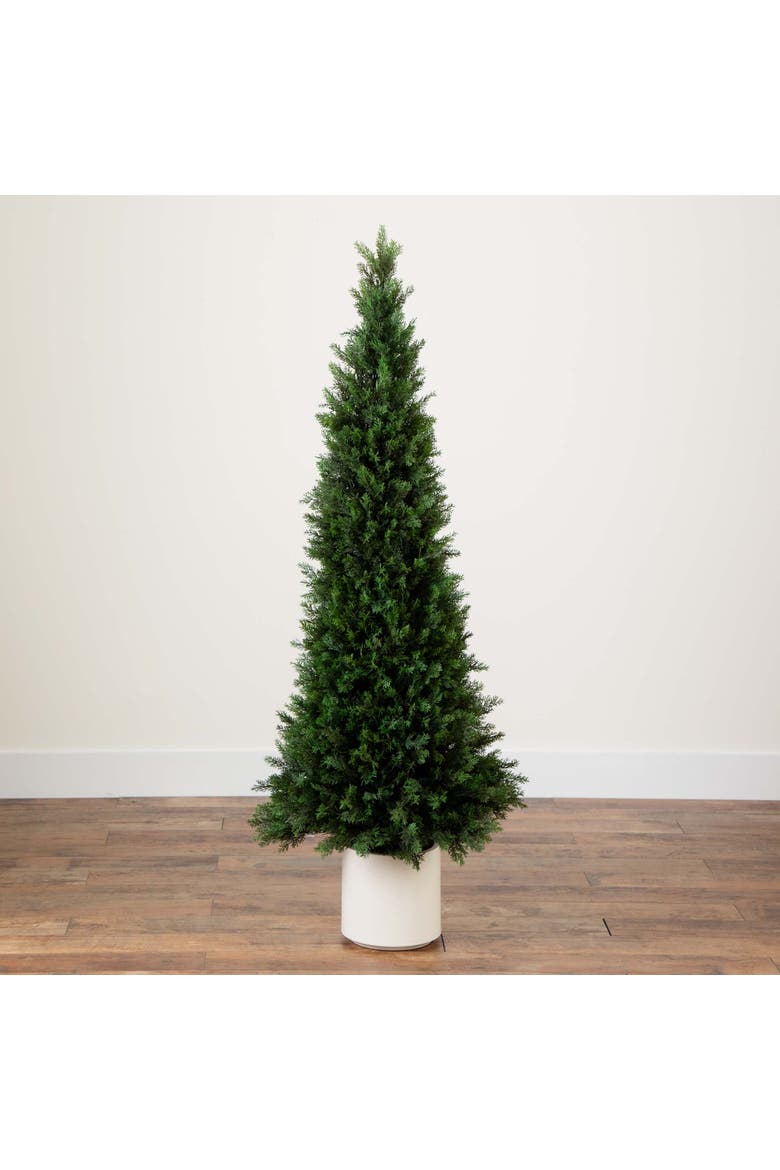 5-ft UV Resistant Artificial Cedar Tree in Decorative White Planter, Alternate, color, Green