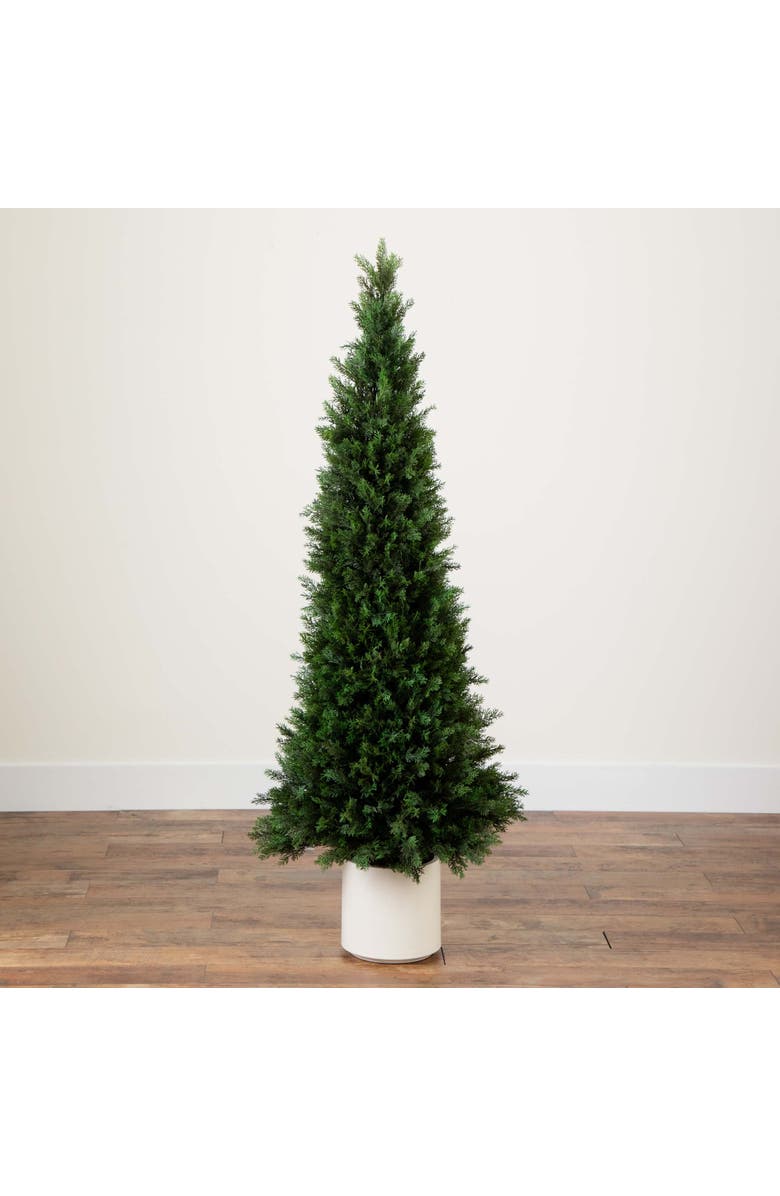 NEARLY NATURAL 5-ft UV Resistant Artificial Cedar Tree in Decorative White Planter, Alternate, color, Green