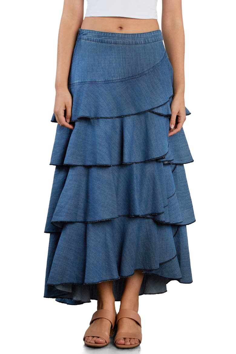 Petal Tiered Denim Maxi Skirt, Main, color, RESORT DENIM