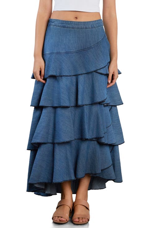 Petal Tiered Denim Maxi Skirt