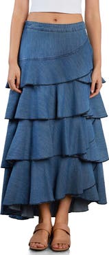 Wash Lab Denim Petal Tiered Denim Maxi Skirt