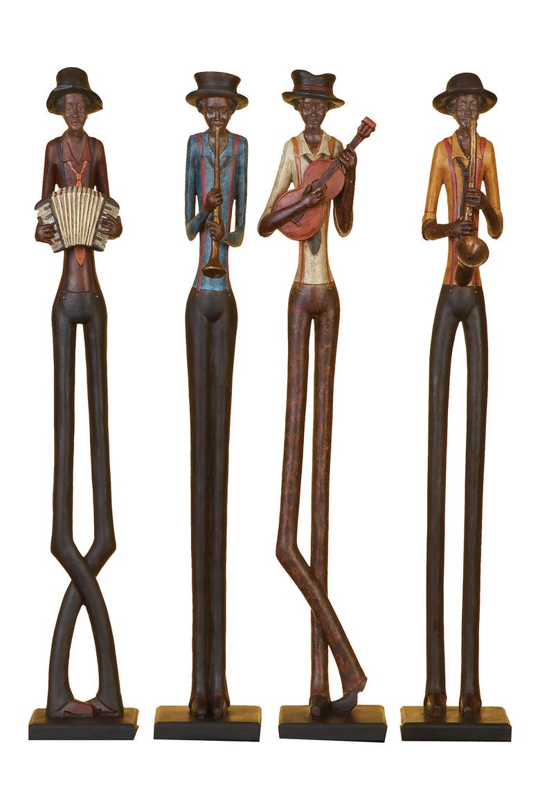 Brown Polystone Tall Long Legged Jazz Band Musician Sculpture with Black Base Stand - Set of 4, Main, color, BROWN