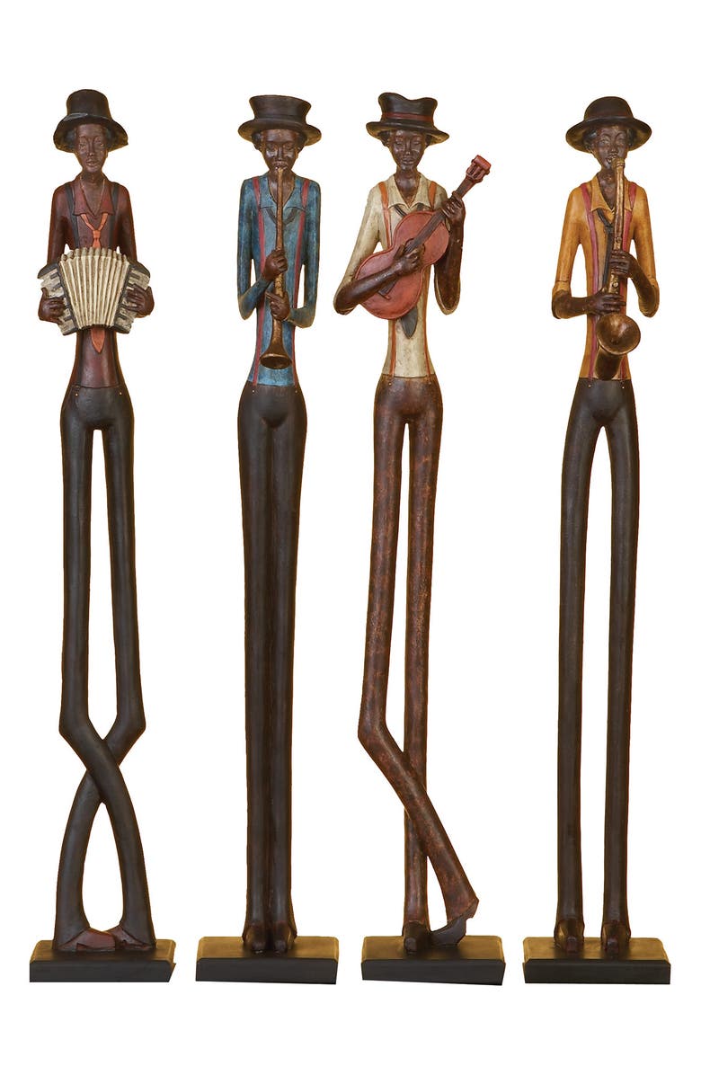 WILLOW ROW Brown Polystone Tall Long Legged Jazz Band Musician Sculpture with Black Base Stand - Set of 4, Main, color,