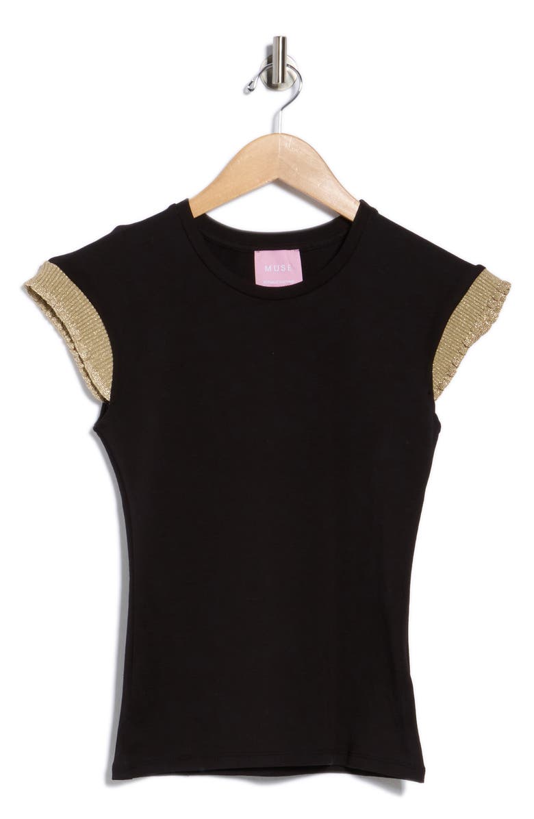 Muse Ruffle Ribbed Cap Sleeve Top, Alternate, color, Black/ Gold