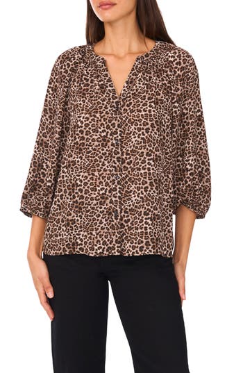Vince Camuto V-neck Puff Sleeve Blouse In Brown