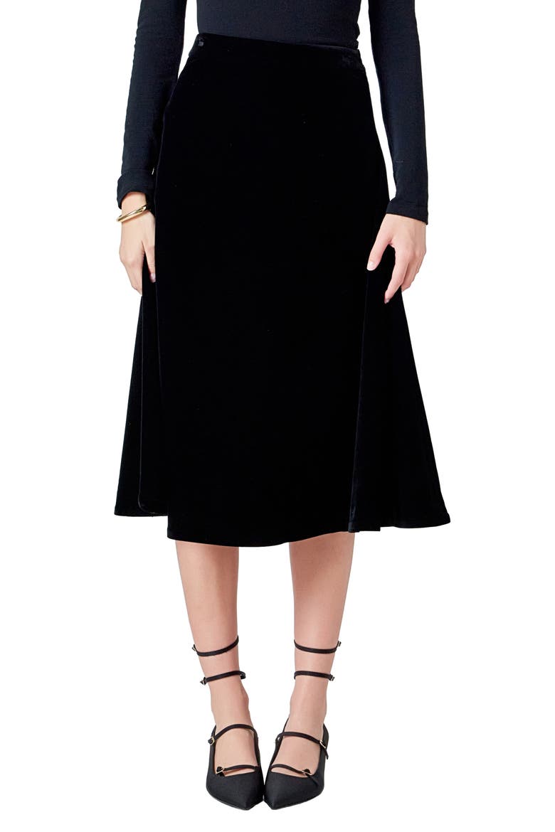 Velvet Circle Midi Skirt, Main, color, BLACK