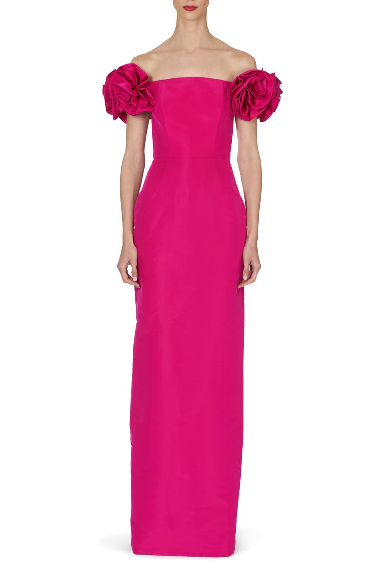 Off the Shoulder Flower Sleeve Column Gown, Main, color, BEGONIA