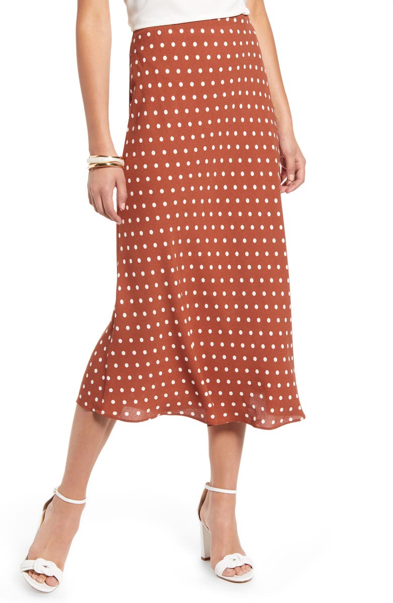 Halogen<sup>®</sup> Bias Cut A-Line Skirt, Main, color, Rust Spaced Dot