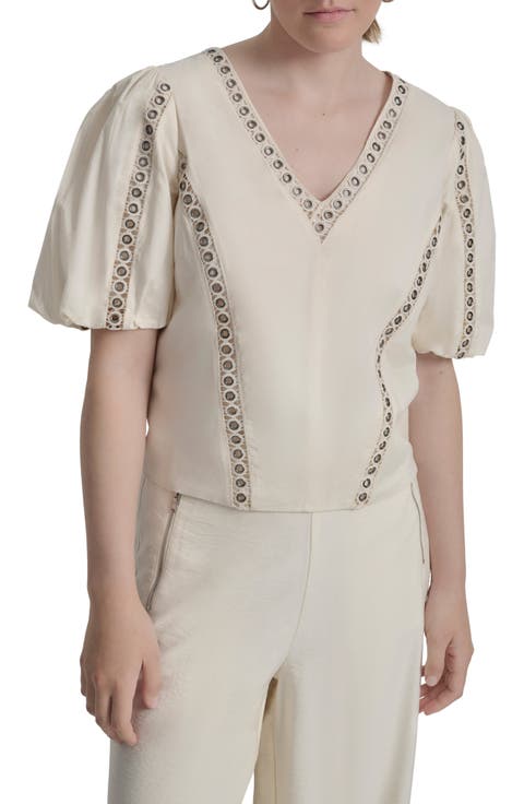 Puff Sleeve Grommet Detail Cotton Voile Shirt