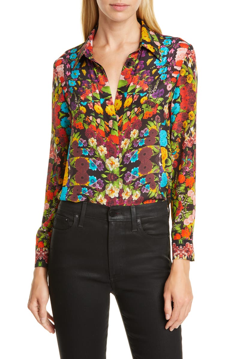 Alice + Olivia Willa Floral Pleated Placket Silk Blouse, Main, color,
