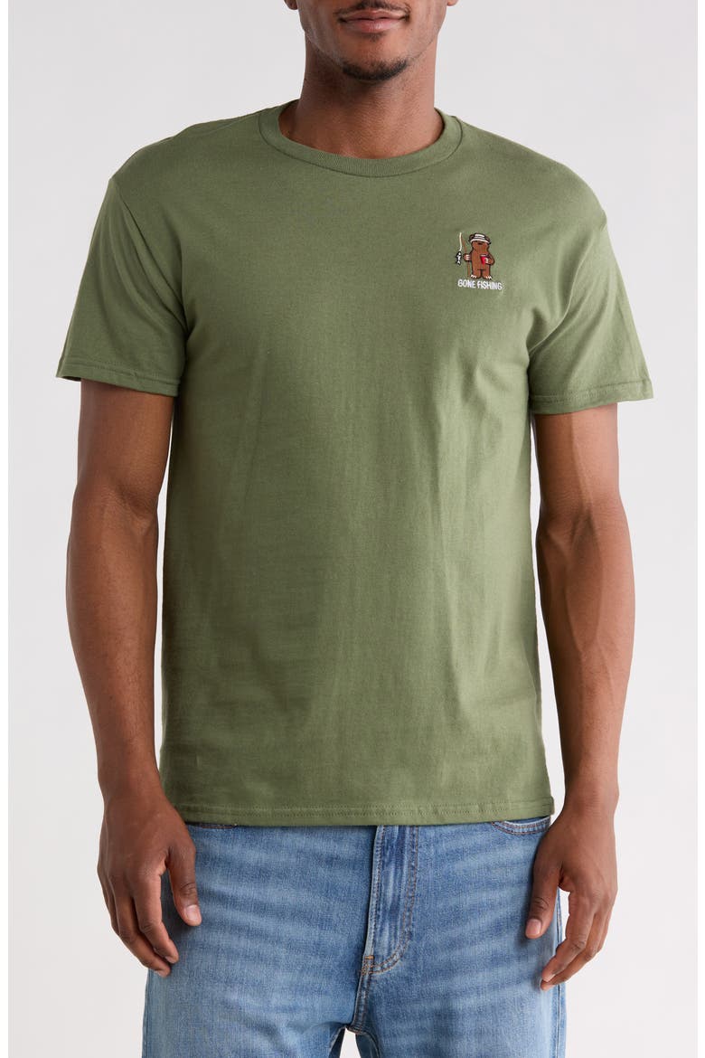 Gone Fishing Embroidered Bear T-Shirt, Main, color, GREEN