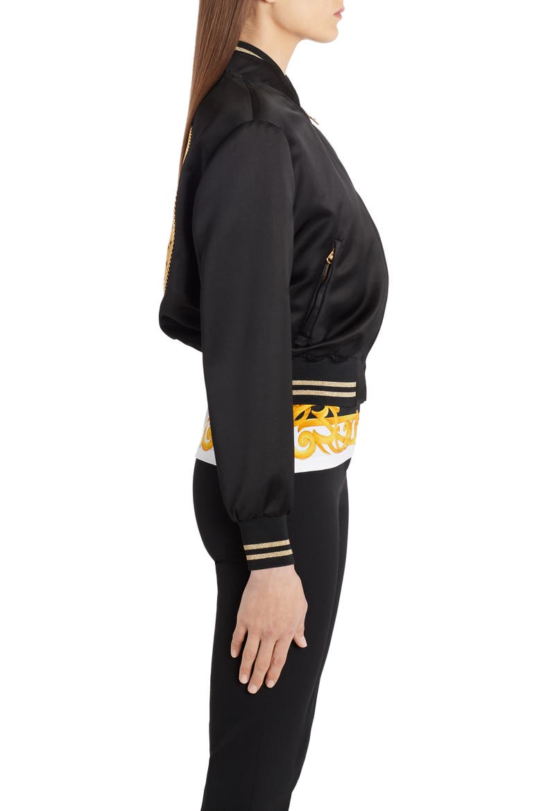 Embroidered Medusa Logo Back Satin Bomber Jacket, Alternate, color, BLACK