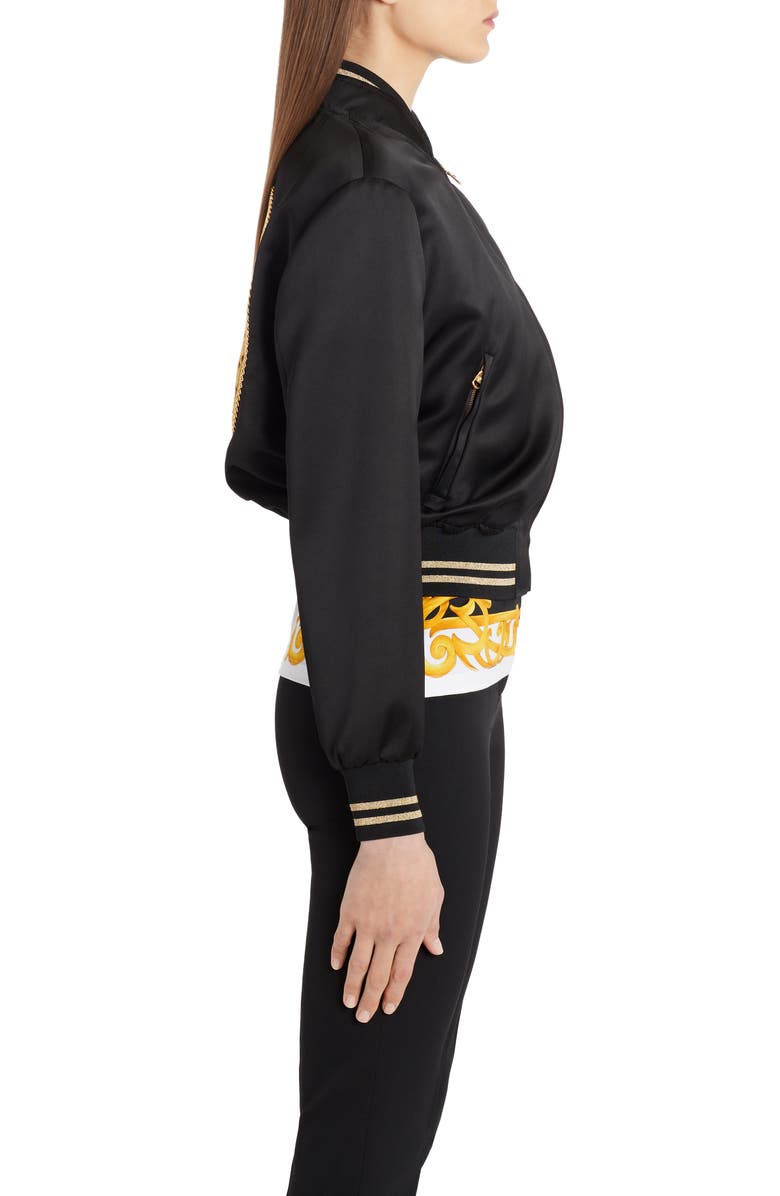 Versace Embroidered Medusa Logo Back Satin Bomber Jacket, Alternate, color, 
