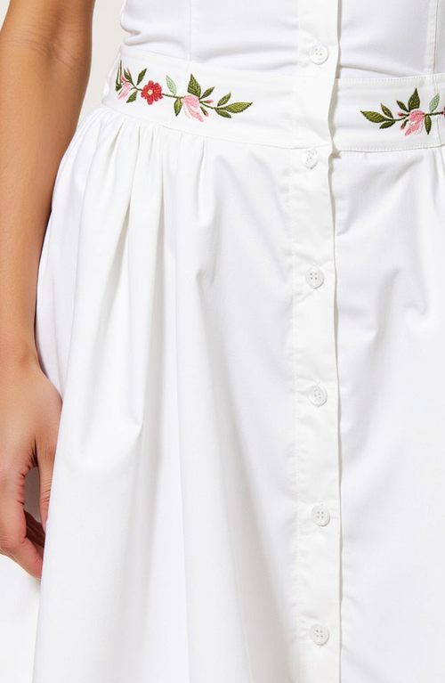 MODENAIRE MODENAIRE EMBROIDERED WAIST BUTTON-FRONT HALTER MINI DRESS WITH SMOCKED OPEN BACK
