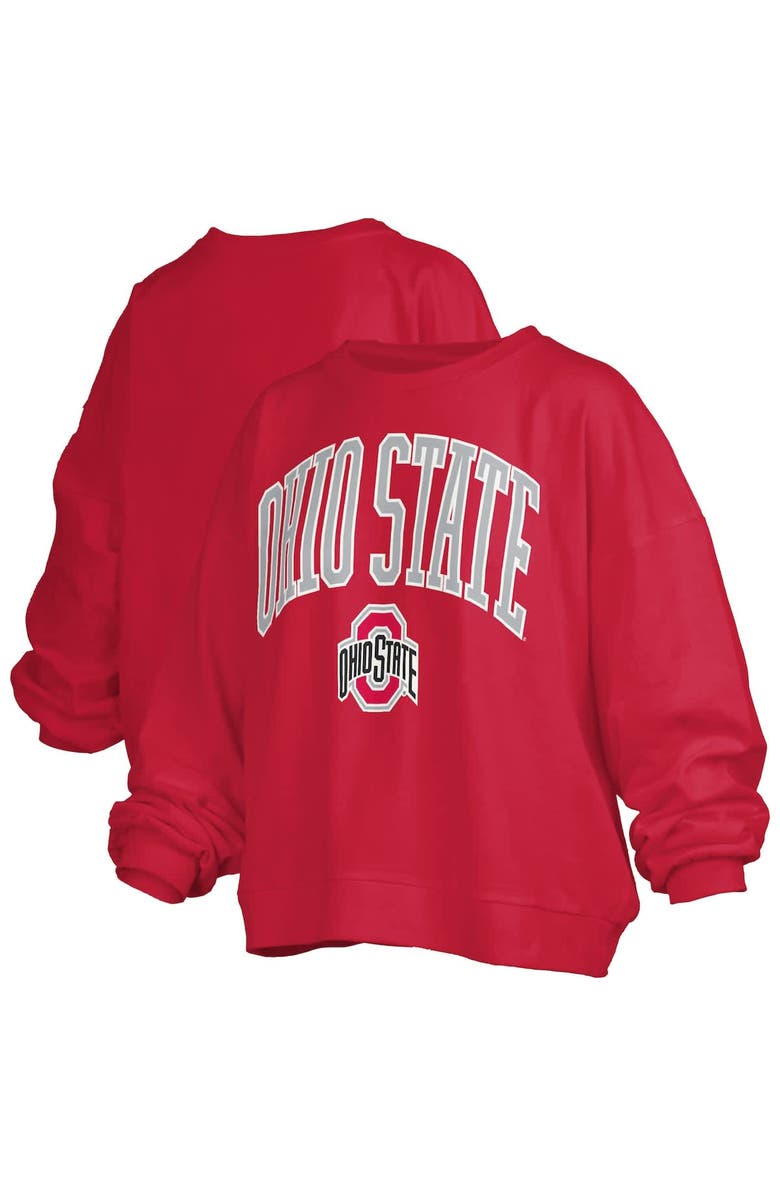 PRESSBOX Women's Pressbox Scarlet Ohio State Buckeyes Janise Arch Over Logo Waist Length Oversized Pullover Sweatshirt, Main, color, Scarlet