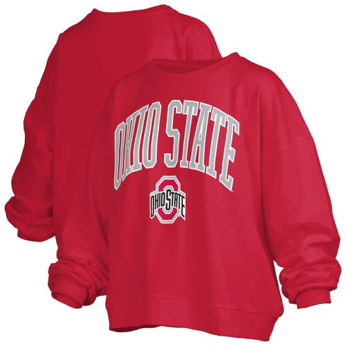 Pressbox Scarlet Ohio State Buckeyes Janise Arch Over Logo Waist Length Oversized Pullover Sweatshir
