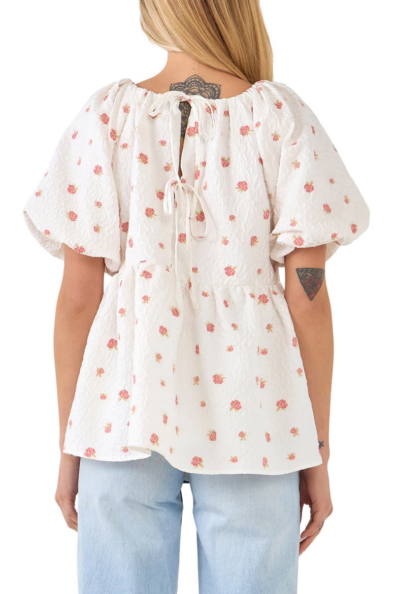 English Factory Floral Jacquard Puff Sleeve Babydoll Top, Alternate, color, WHITE