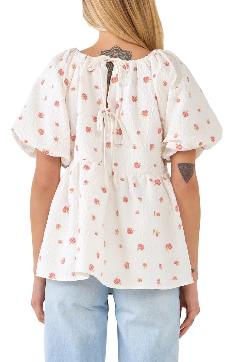 Endless Rose English Factory Floral Jacquard Puff Sleeve Babydoll Top, Alternate, color, White