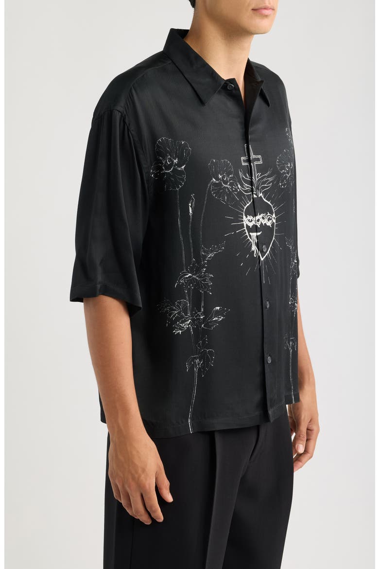 Fleur Graphic Short Sleeve Button-Up Shirt, Alternate, color, BLACK