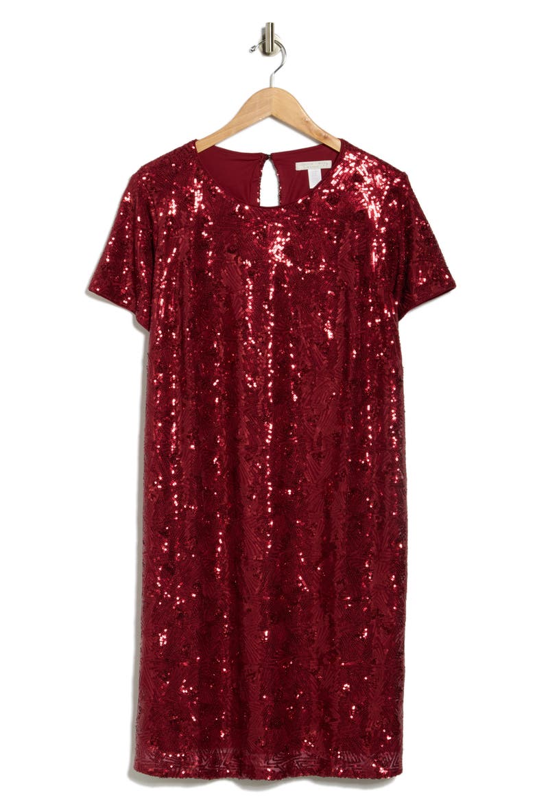 Sequin T-Shirt Dress, Alternate, color, WINE