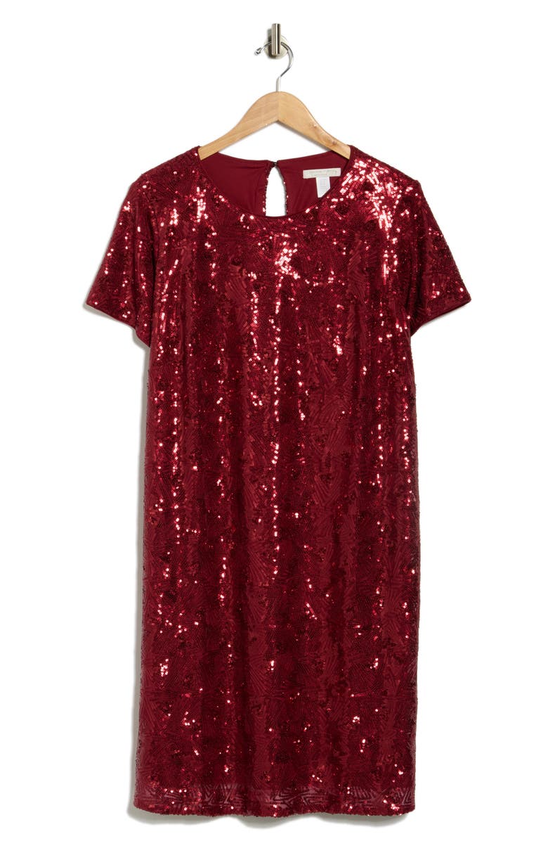 London Times Sequin T-Shirt Dress, Alternate, color, Wine