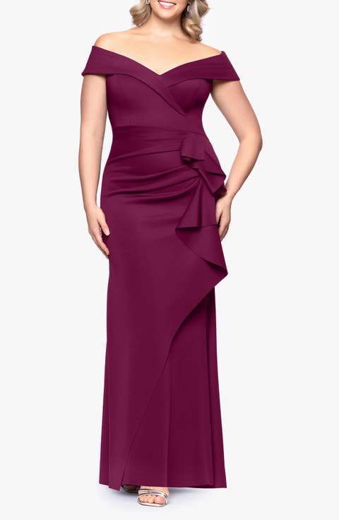 Off the Shoulder Ruffle Scuba Knit Gown (Plus Size)