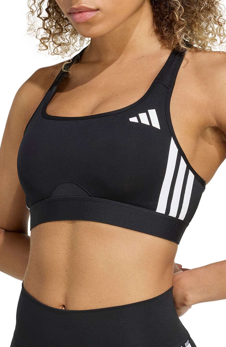 adidas PowerReact 3-Stripes Sports Bra, Main, color, Black