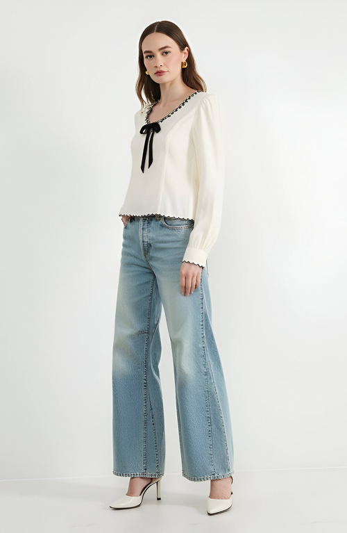 Modenaire Embroidered Blouse With Velvet Bow In White