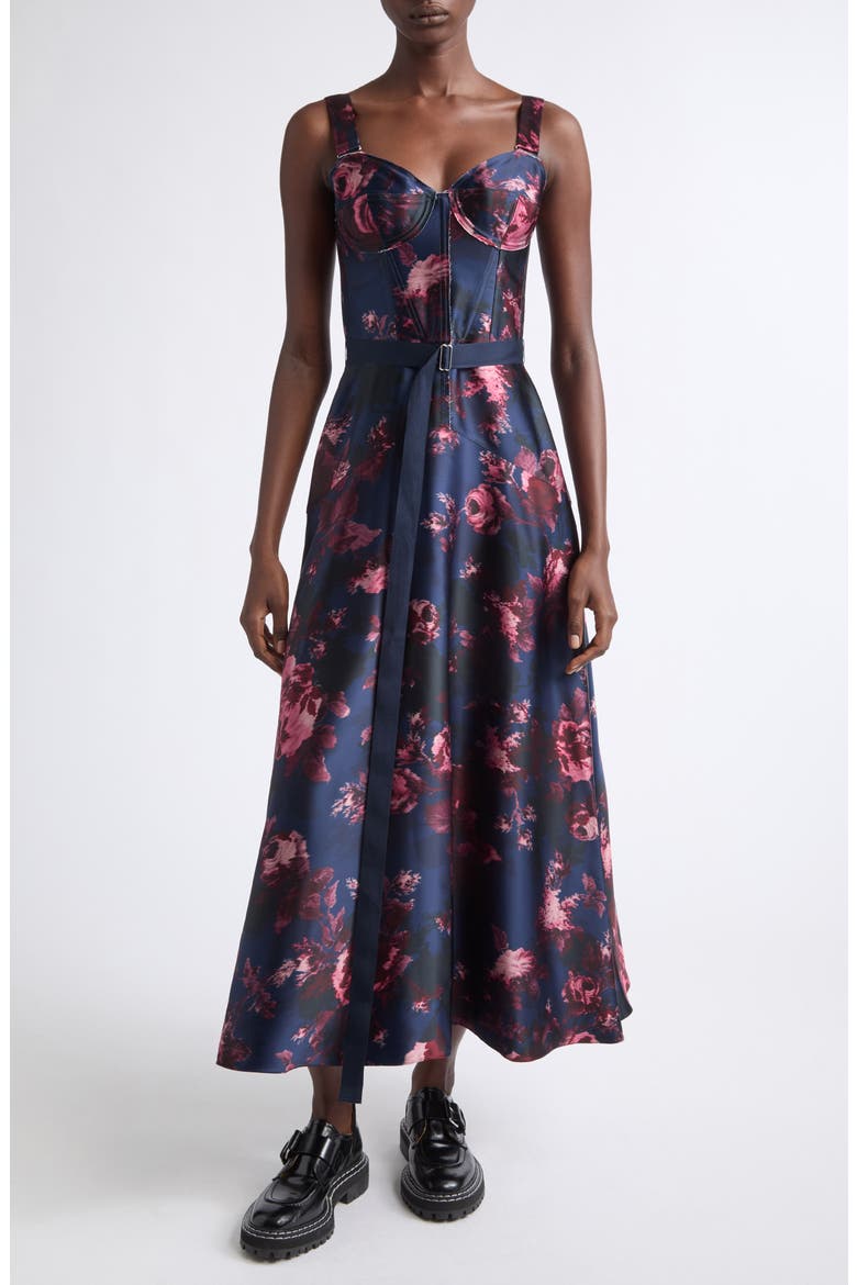 Floral Duchesse Satin Corset Dress, Main, color, FONTEYN ROSE INK