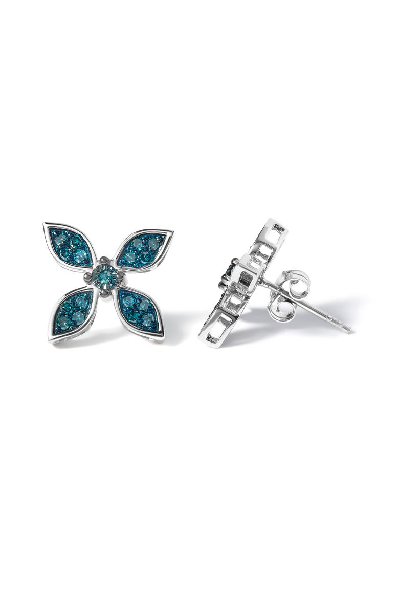 .925 Sterling Silver 1/3 Cttw Blue Diamond Floral Earrings, Alternate, color, Silver