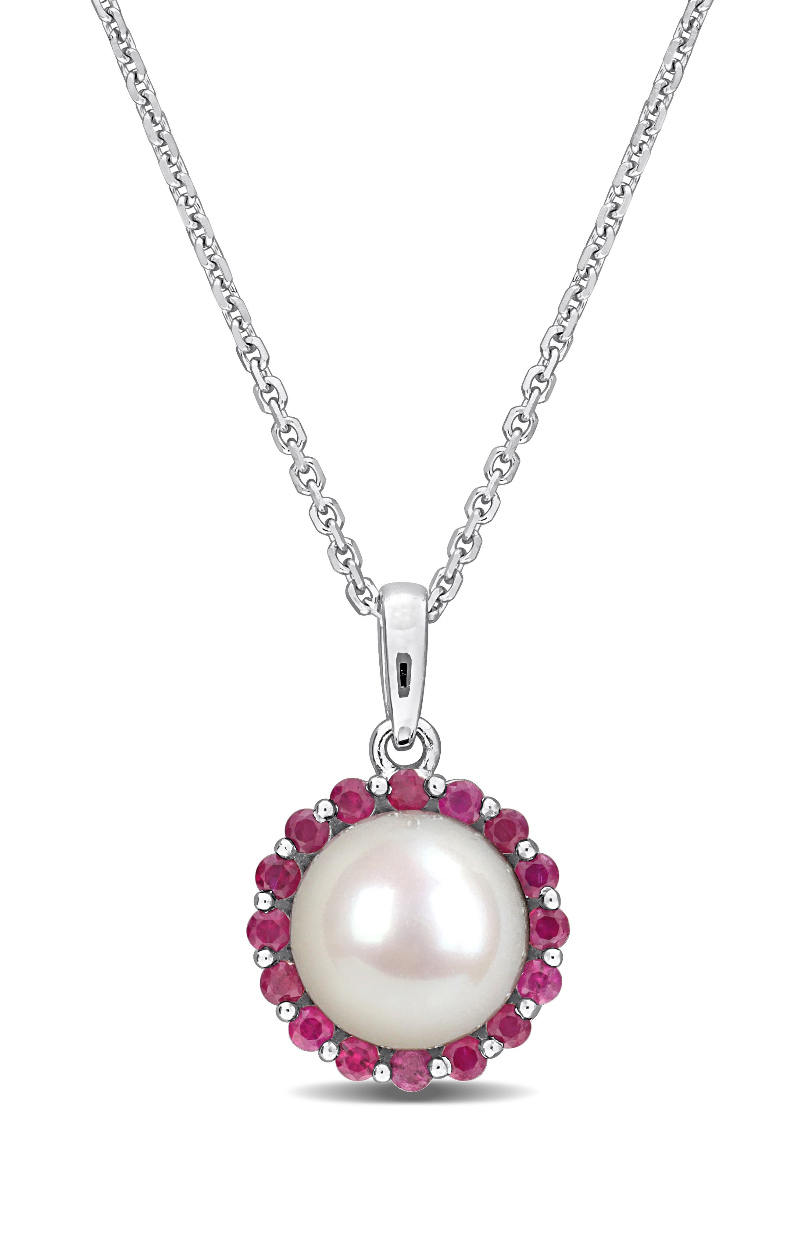 DELMAR 8 - 8.5mm Cultured Freshwater Pearl & Created Ruby Pendant Necklace