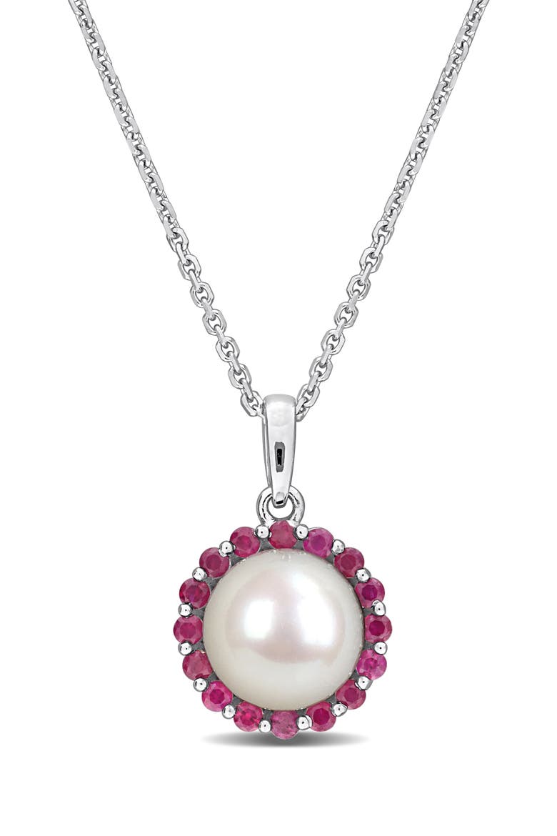 8 - 8.5mm Cultured Freshwater Pearl & Created Ruby Pendant Necklace, Main, color, RED