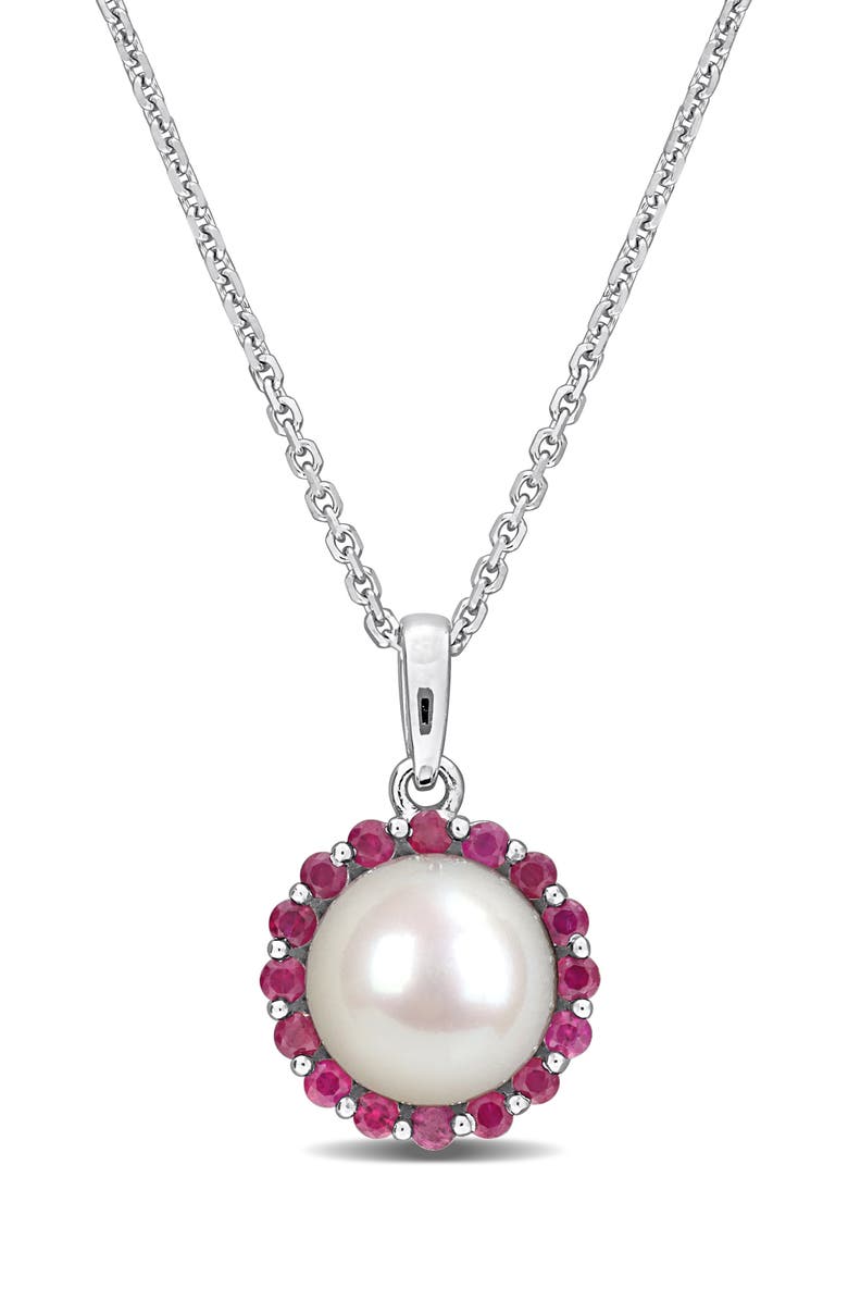 DELMAR 8 - 8.5mm Cultured Freshwater Pearl & Created Ruby Pendant Necklace, Main, color, 