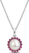 DELMAR 8 - 8.5mm Cultured Freshwater Pearl & Created Ruby Pendant Necklace