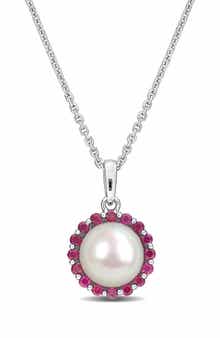 8 - 8.5mm Cultured Freshwater Pearl & Created Ruby Pendant Necklace