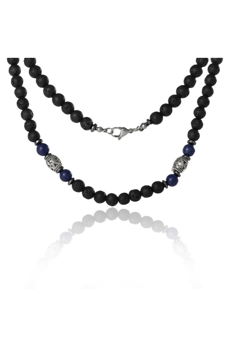 Men's Lava Rock & Lapis Beaded Necklace, Silver-Tone Barrel Accents, 22", Alternate, color, Black