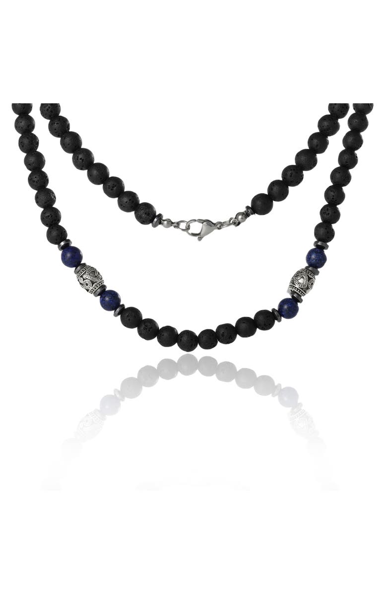 Lucky Brand Men's Lava Rock & Lapis Beaded Necklace, Silver-Tone Barrel Accents, 22", Alternate, color, Black