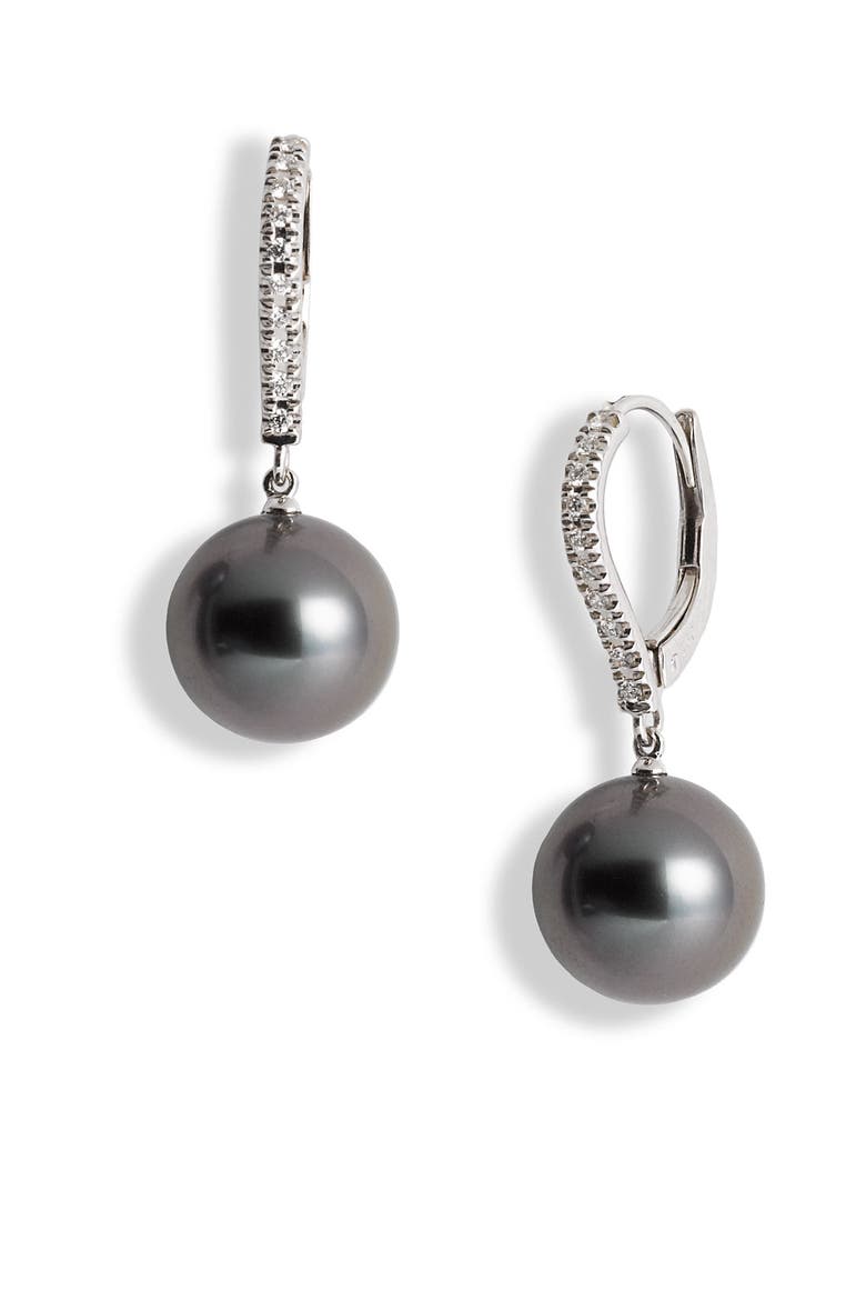 Diamond & Black South Sea Cultured Pearl Earrings, Main, color, WHITE GOLD
