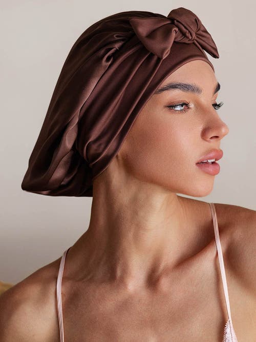 Silksilky Pure Silk Bowknot Tie Bonnet In Brown