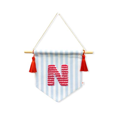 A B C' Blue Striped Create-Your-Own Banner with Red Tassels and Chenille Letter Patch
