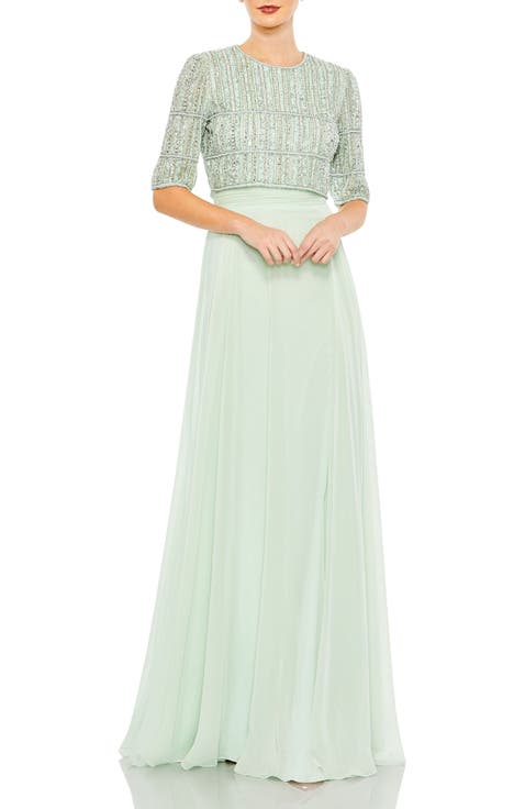Fully Beaded 3/4 Sleeves Top Chiffon Gown