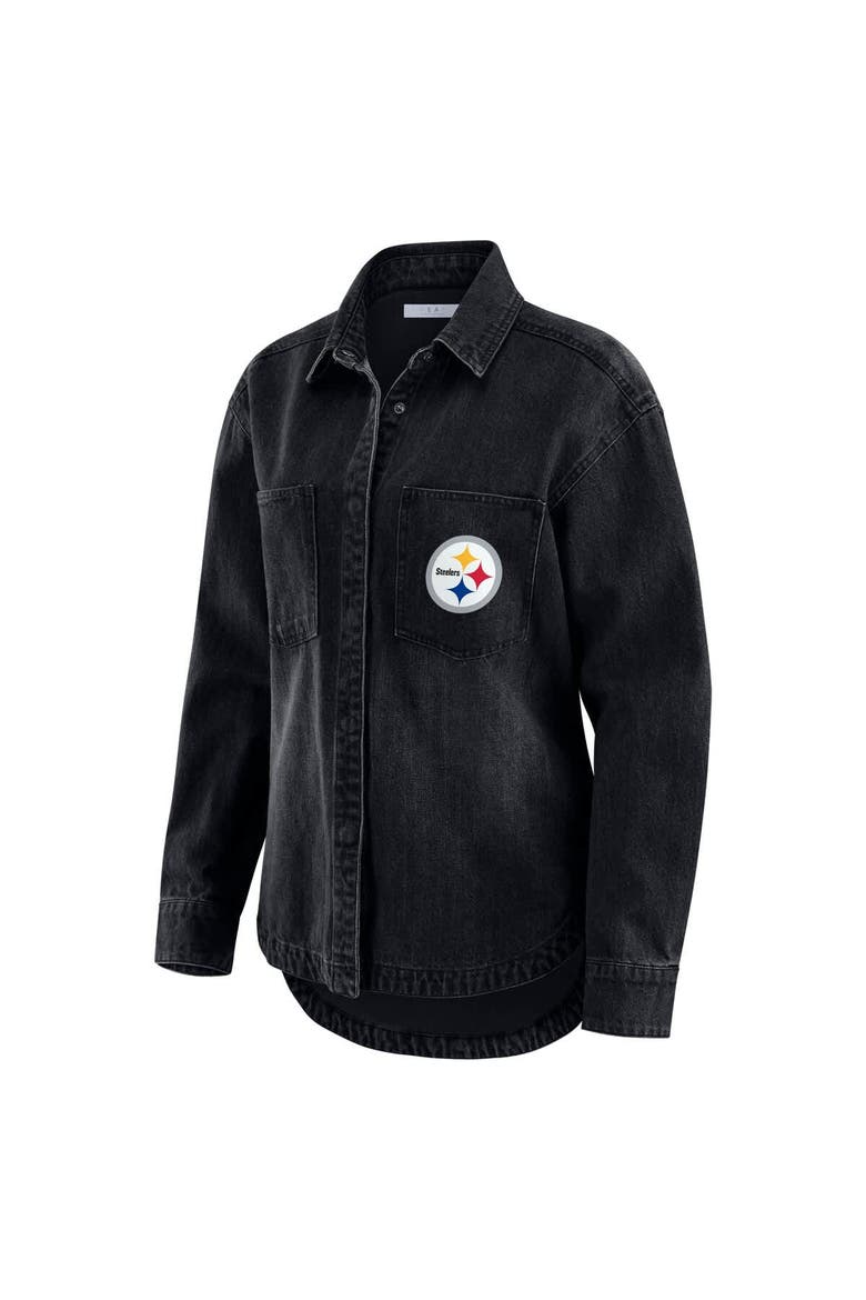 Women's WEAR by Erin Andrews Black Pittsburgh Steelers Washed Oversized Denim Full-Snap Shacket, Alternate, color, Black