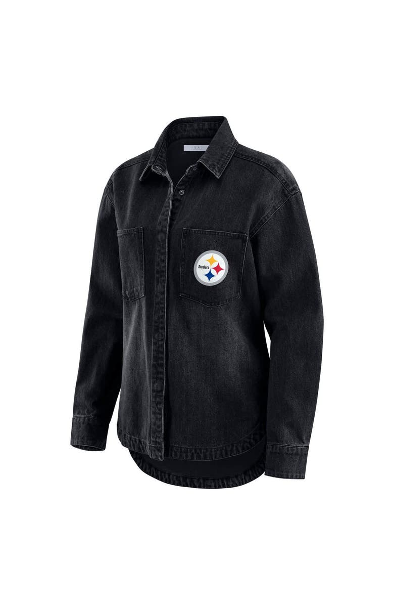 WEAR by Erin Andrews Women's WEAR by Erin Andrews Black Pittsburgh Steelers Washed Oversized Denim Full-Snap Shacket, Alternate, color, Black