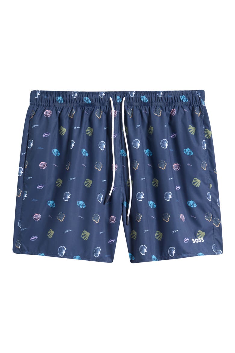 Sunfish Seashell Print Swim Trunks, Main, color, NAVY