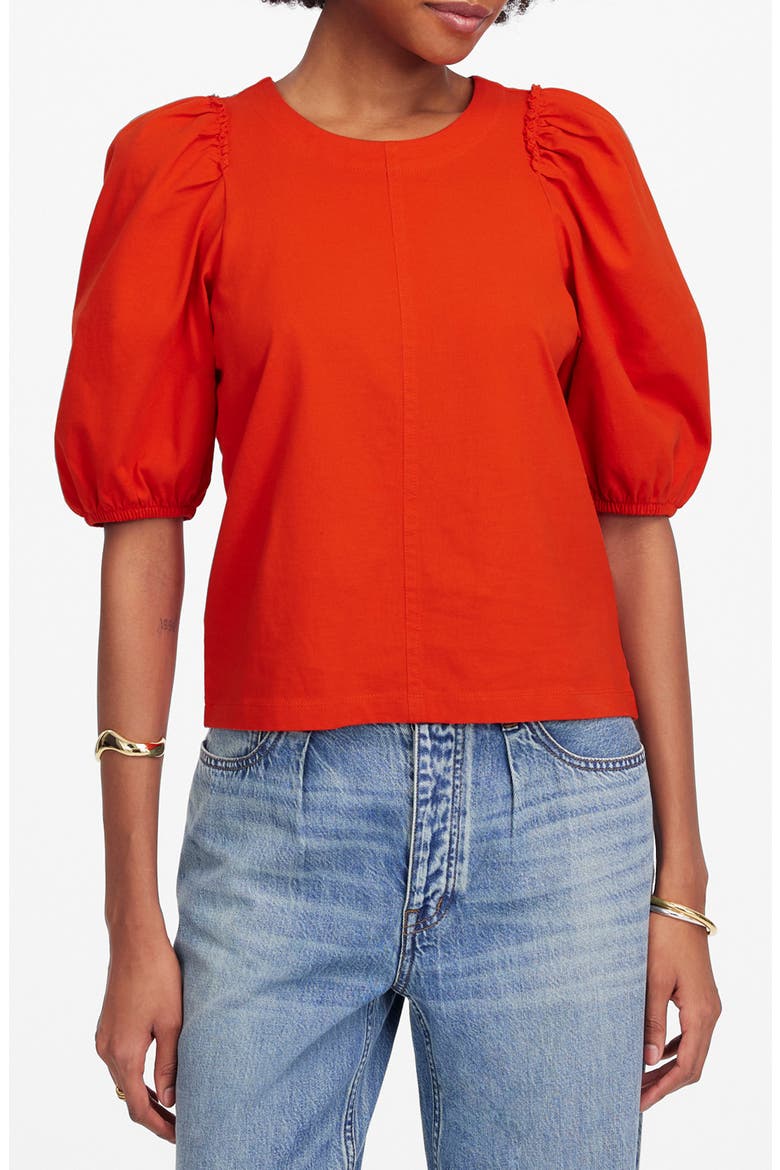 Puff Sleeve Cotton T-Shirt, Main, color, BRIGHT FLAME