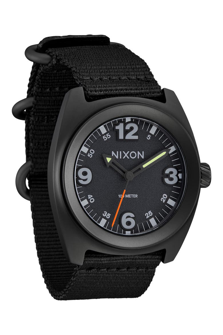 Clutch Webbing Strap Watch, 42mm, Alternate, color, ALL MATTE BLACK / BLACK