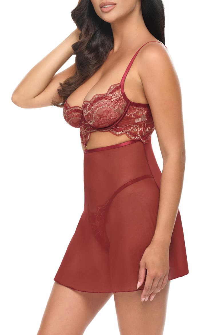 Arielle Metallic Underwire Lace & Mesh Chemise & G-String Set, Alternate, color, SYRAH/ FROSTED ALMOND