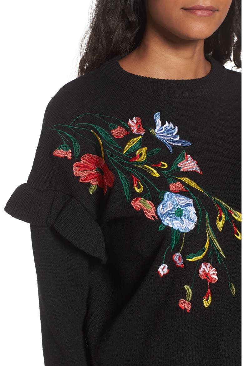 Ruffle Sleeve Embroidered Sweater, Alternate, color, BLACK